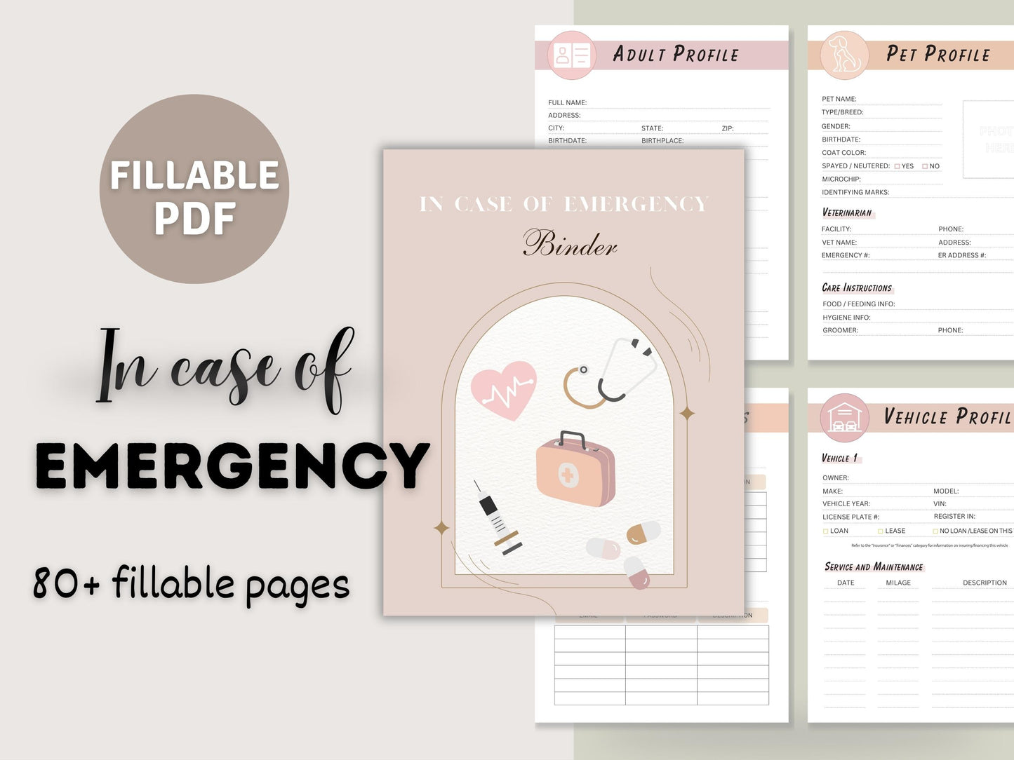 80 fillable pages, In case of emergency planner