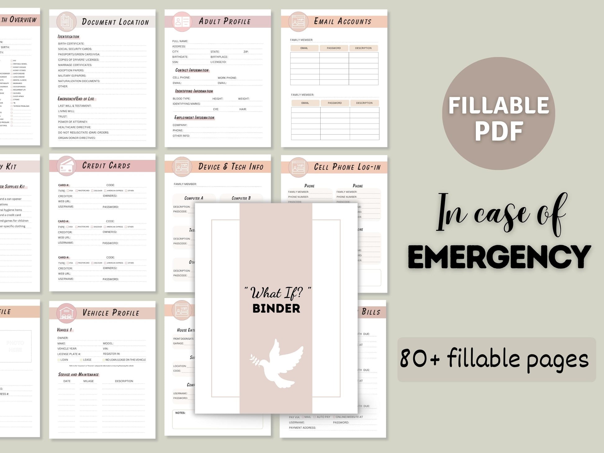 80 fillable pages, overview of example pages of Just in Case Binder