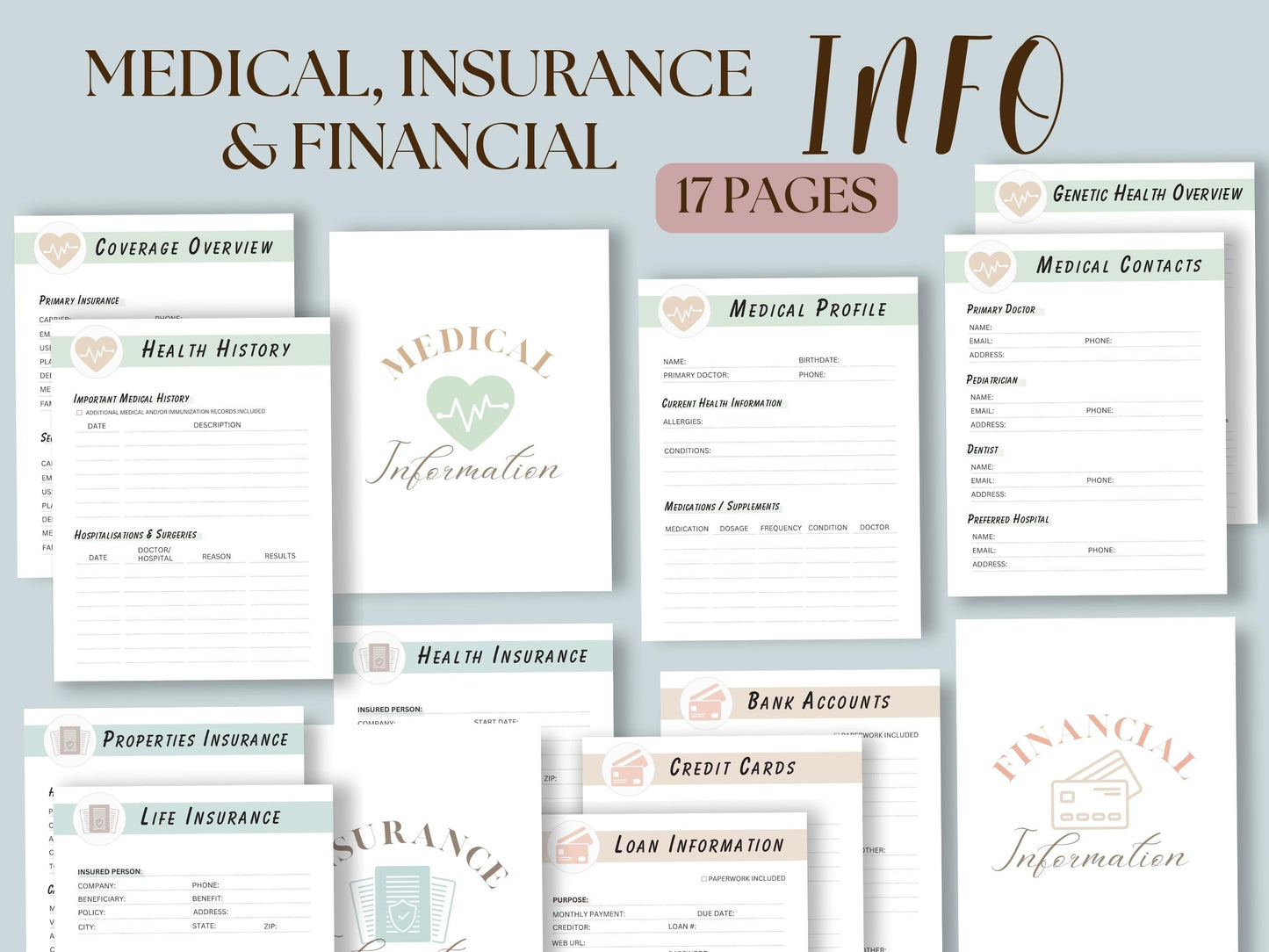 Medical, Insurance, Financial info. Example pages of Emergency planner.