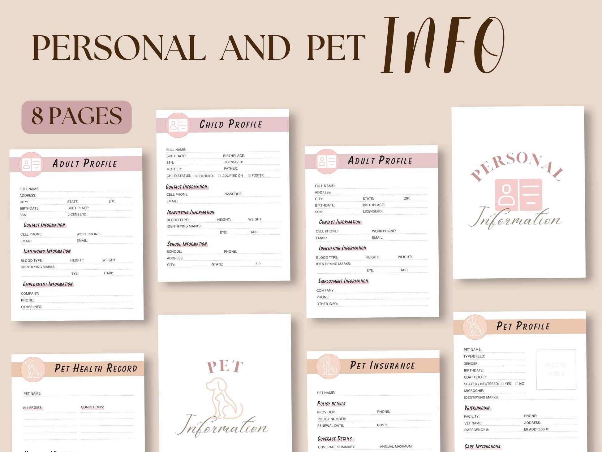 Example pages, Personal and Pet info overview, In case of emergency binder