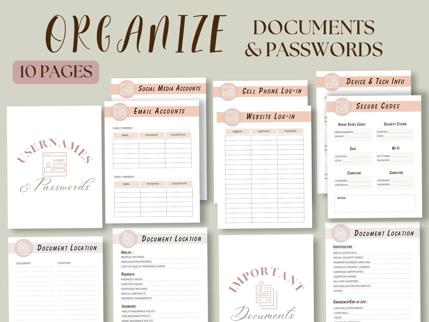 Example pages, organize documents and passwords, secure codes, document locations in your emergency binder