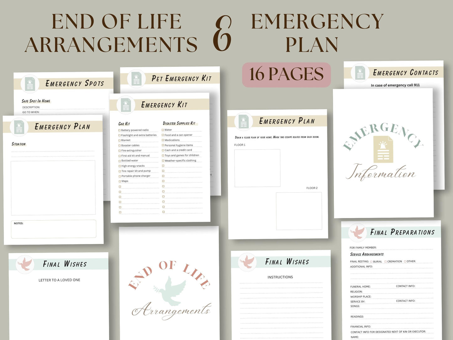 End of life arrangements, emergency plan, emergency check list. Example pages of End of life binder