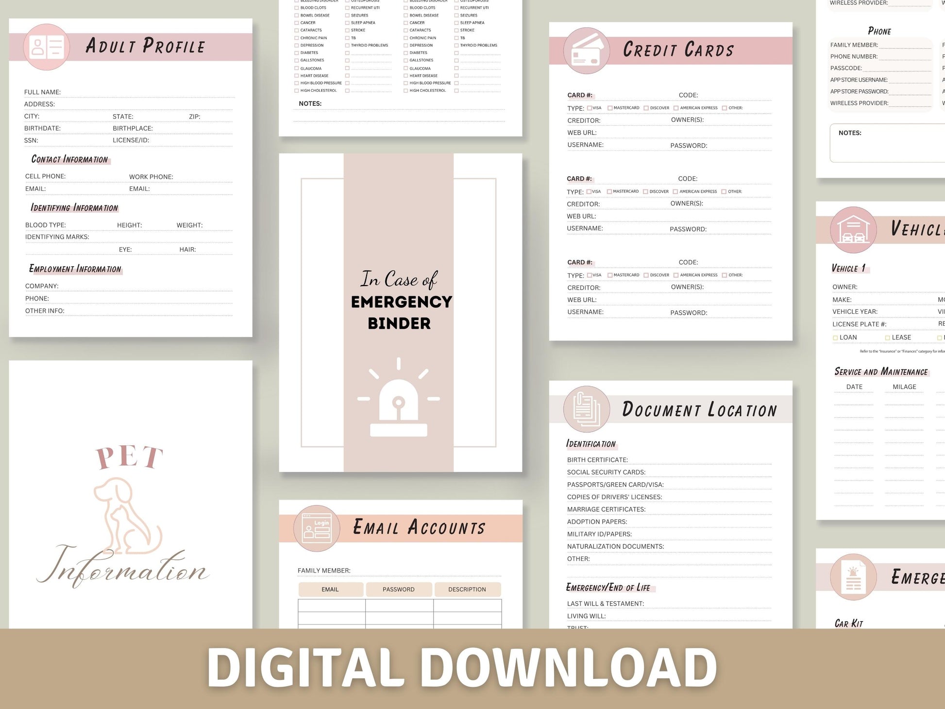 Fillable and Printable Emergency Binder PDF Template