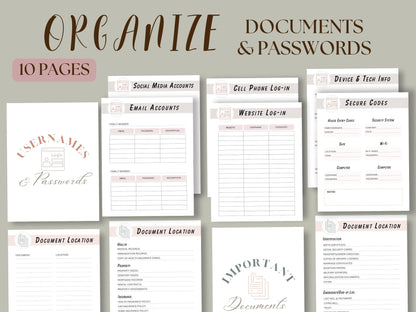 Usernames and passwords, important documents. Example pages of End of life planner. 